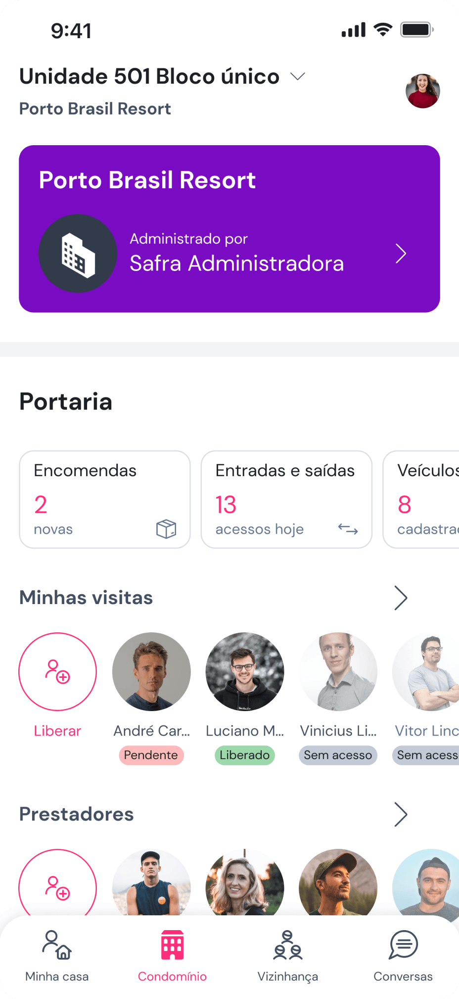 Imagem do aplicativo Gruvi mostrando as funcionalidades do menu Condomínio relacionadas à portaria e à área do condômino.