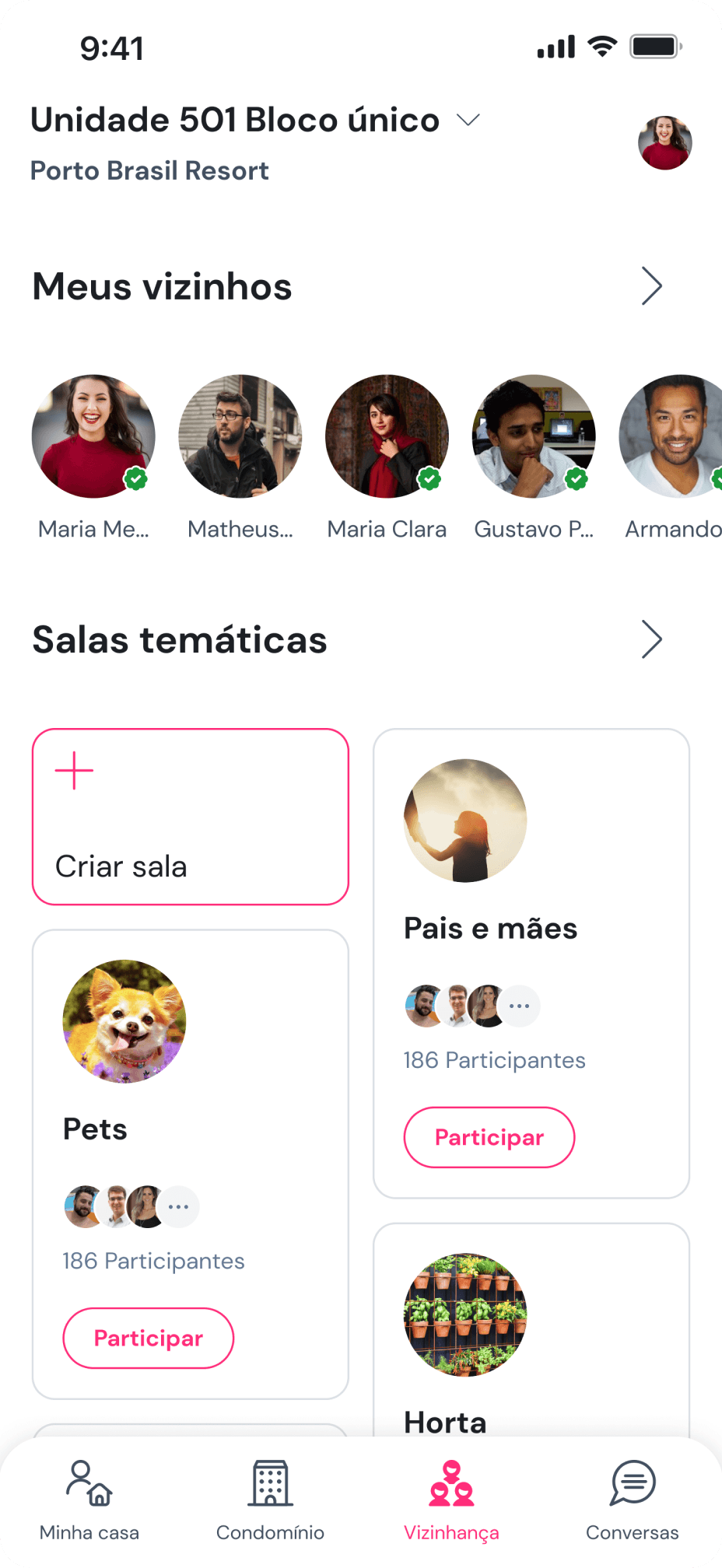 Imagem do aplicativo Gruvi mostrando as funcionalidades do menu Vizinhança, mostrando perfis de vizinhos e salas temáticas.